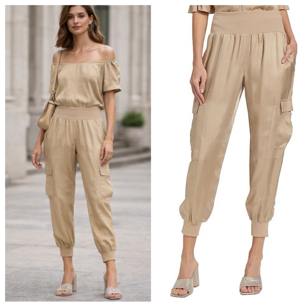Cinq à Sept Giles Twill Cargo Joggers Khaki Designer Utility Pants 25154